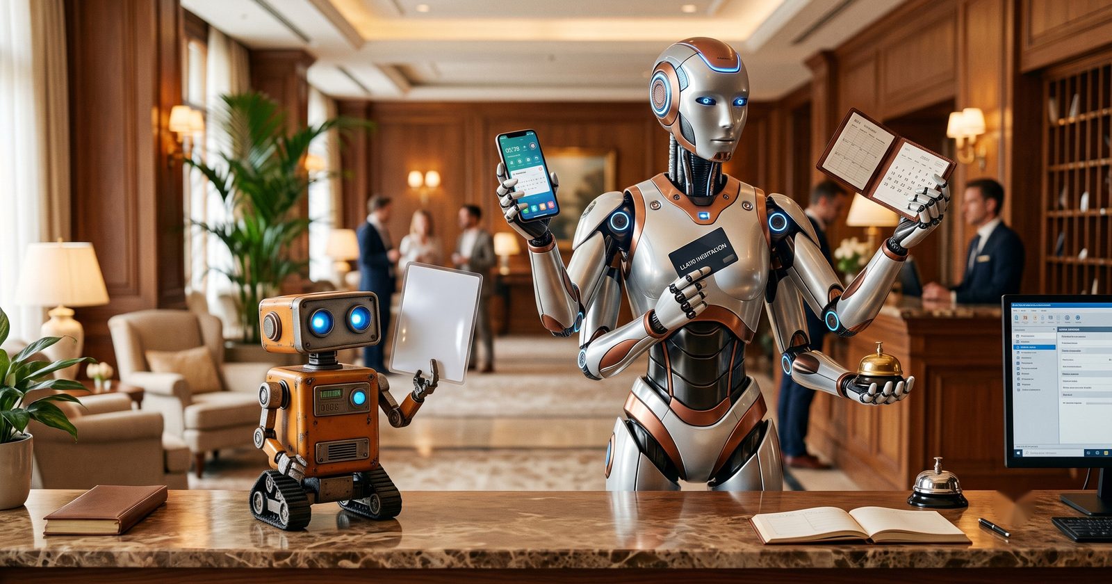 Two robots at a hotel front desk: a small one holding an FAQ card and a modern one juggling a phone, a key card and a calendar. Image generated with AI.