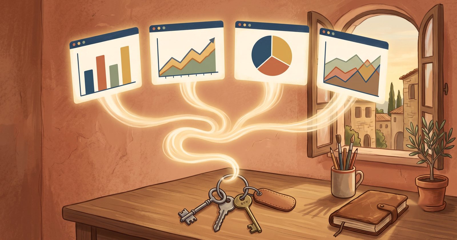 Four small dashboard screens floating above a desk, each showing a different chart, connected by a soft light to a stack of apartment keys. Image generated with AI.