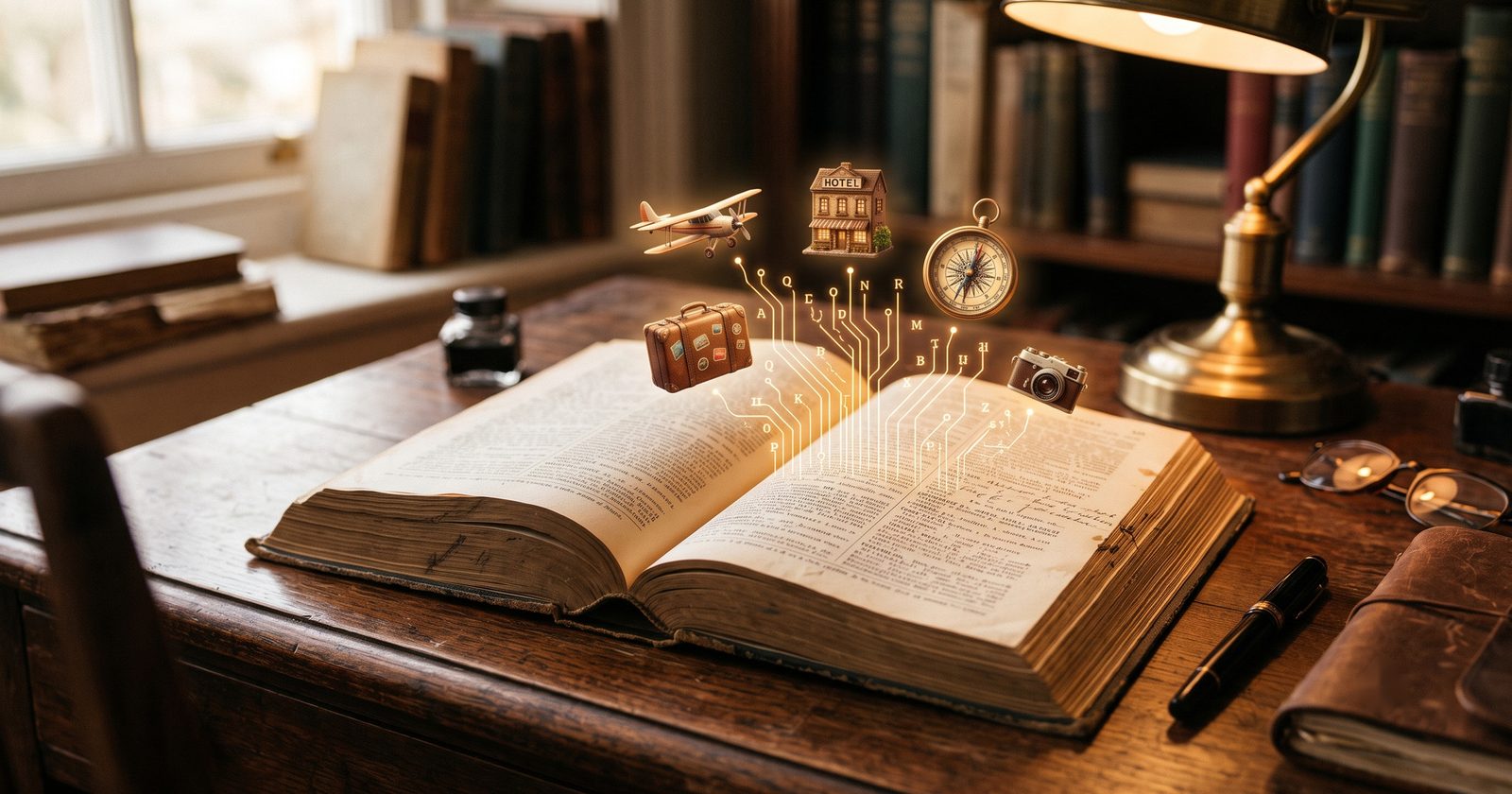 Dictionnaire ancien ouvert sur un bureau en bois avec de petites icônes de voyage flottant au-dessus des pages. Image générée avec l'IA.