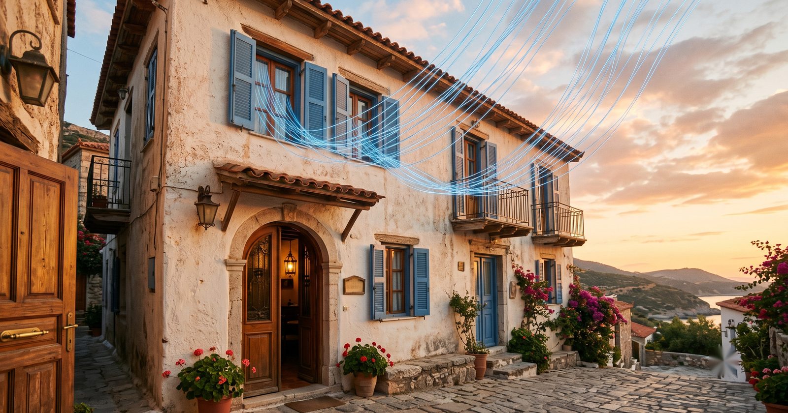 Facciata di un piccolo hotel mediterraneo al tramonto con fili blu traslucidi che escono dalle finestre verso il cielo.