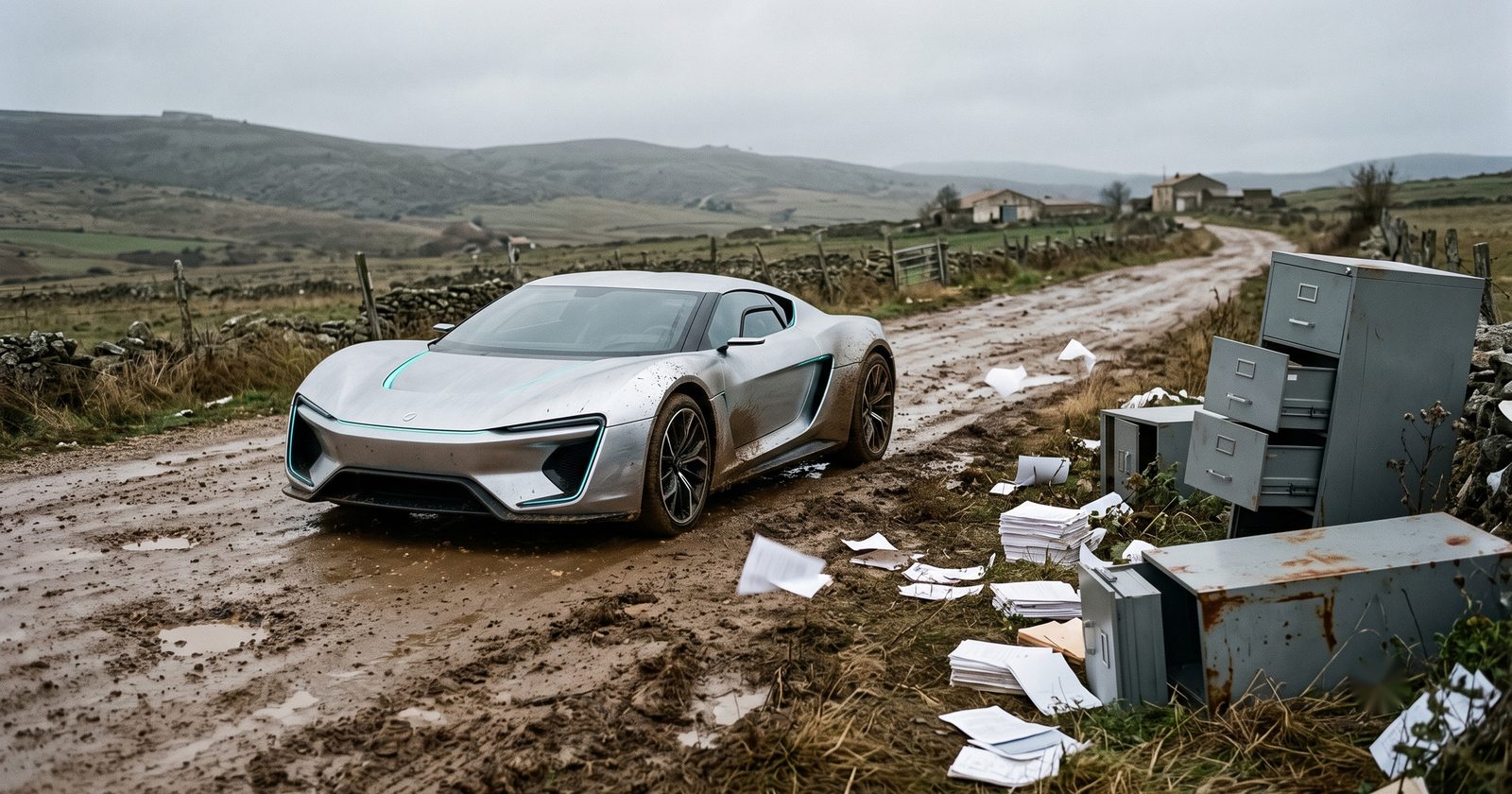 Voiture de sport futuriste garée sur un chemin de terre plein de nids-de-poule, avec des classeurs et des piles de papiers sur le bas-côté. Image générée avec l'IA.