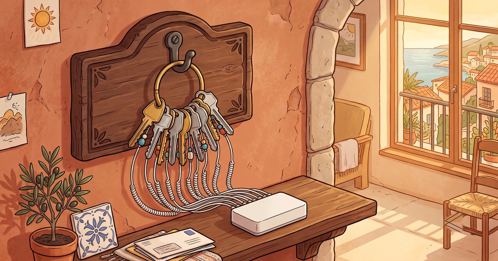 Un aro de llaves de apartamento colgado de un gancho, cada llave conectada por un cable ordenado a un único conector blanco universal. Imagen generada con IA.