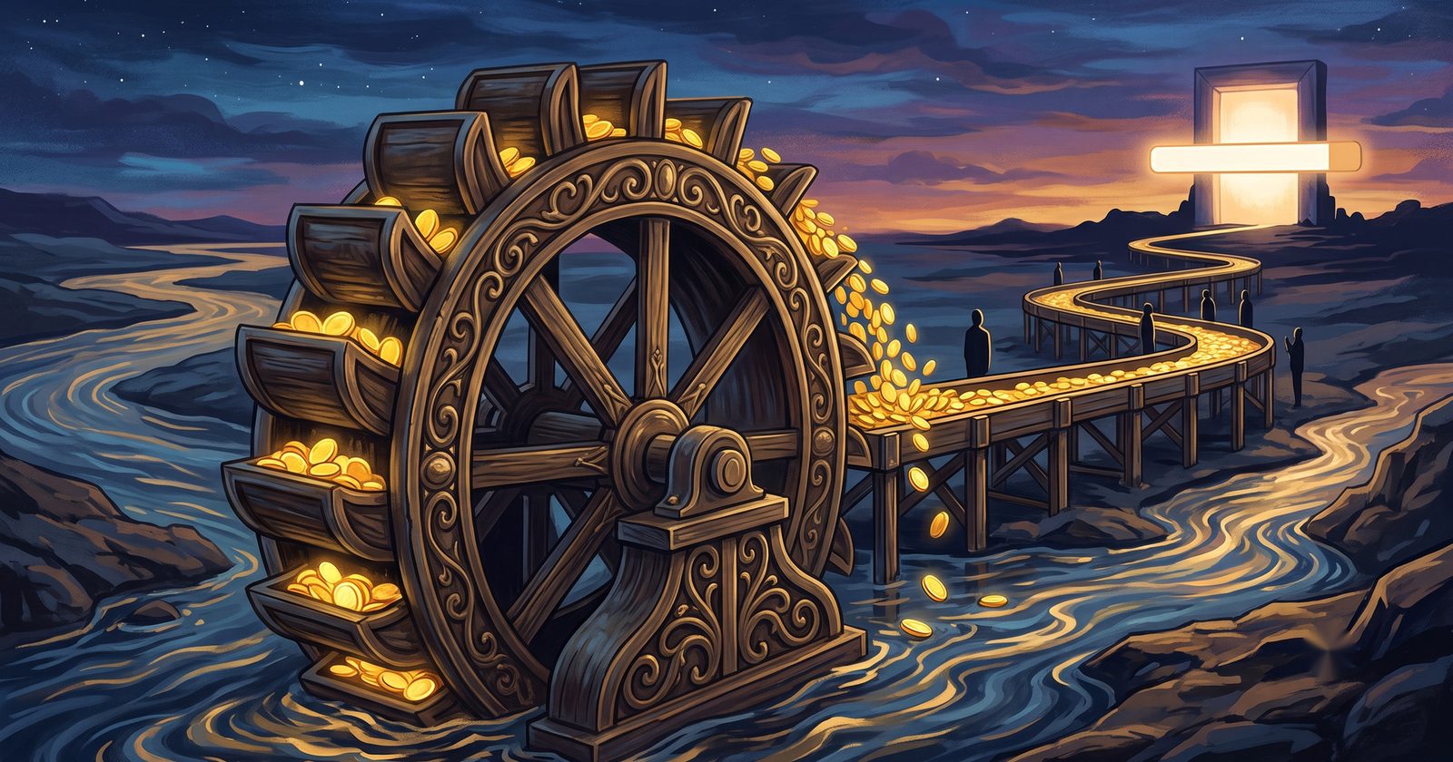 Gran noria de agua que sube monedas doradas de un río y vierte la mayoría hacia un canal que fluye hacia una barra de búsqueda luminosa en el horizonte. Imagen generada con IA.