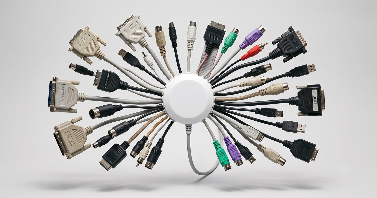 Conector universal blanco en el centro con enchufes de máquinas antiguas (caja registradora, campana de hotel, archivador) adaptándose a él. Imagen generada con IA.