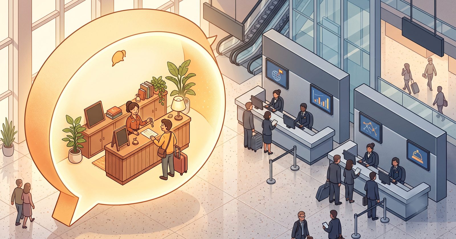 Un petit taulell de recepció d'hotel independent dins d'una bafarada de conversa gegant, al costat de dos taulells corporatius molt més grans. Imatge generada amb IA.