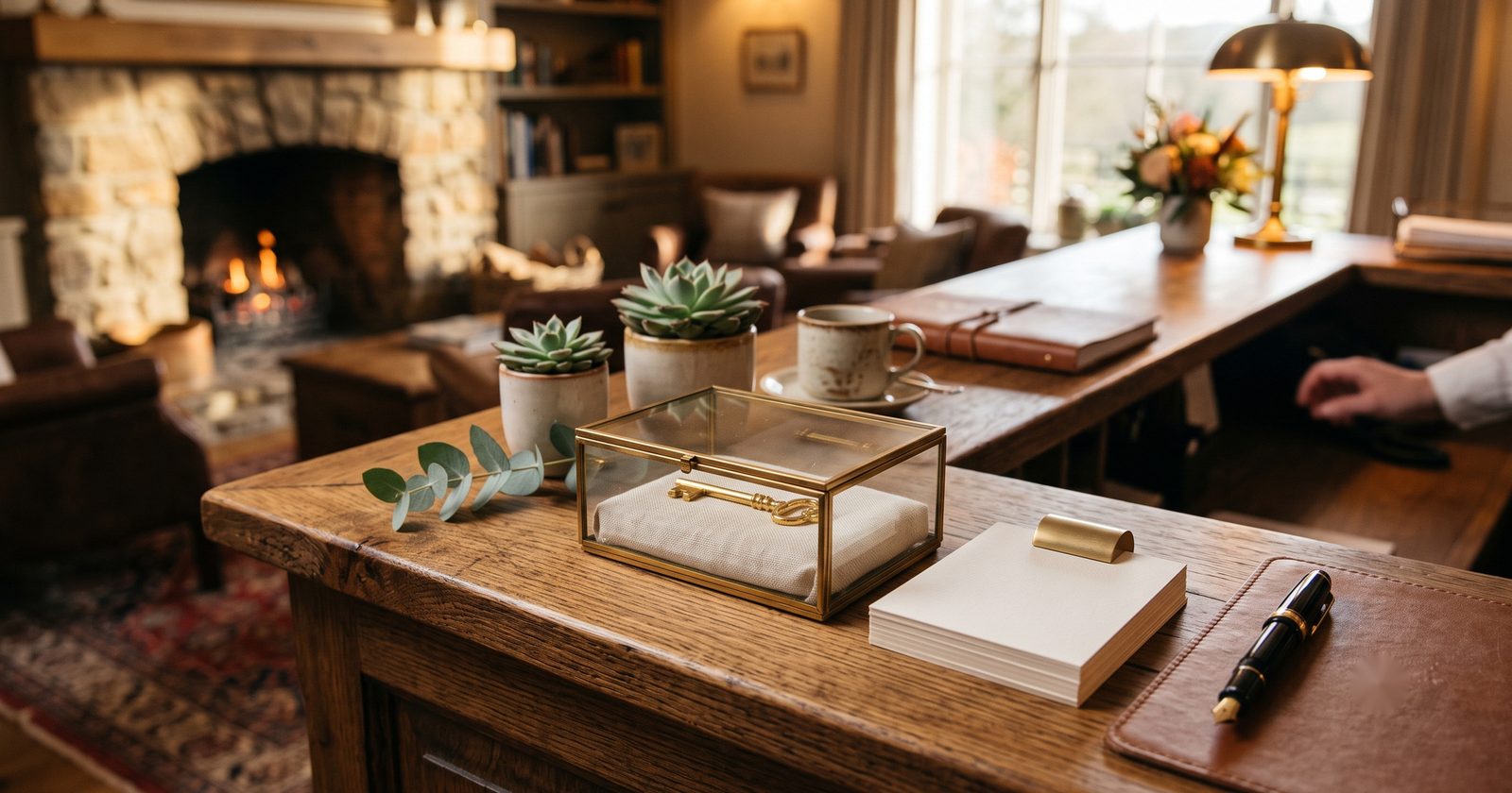 Reception desk with a glass box containing a golden key, next to a printed card and a fountain pen. Image generated with AI.