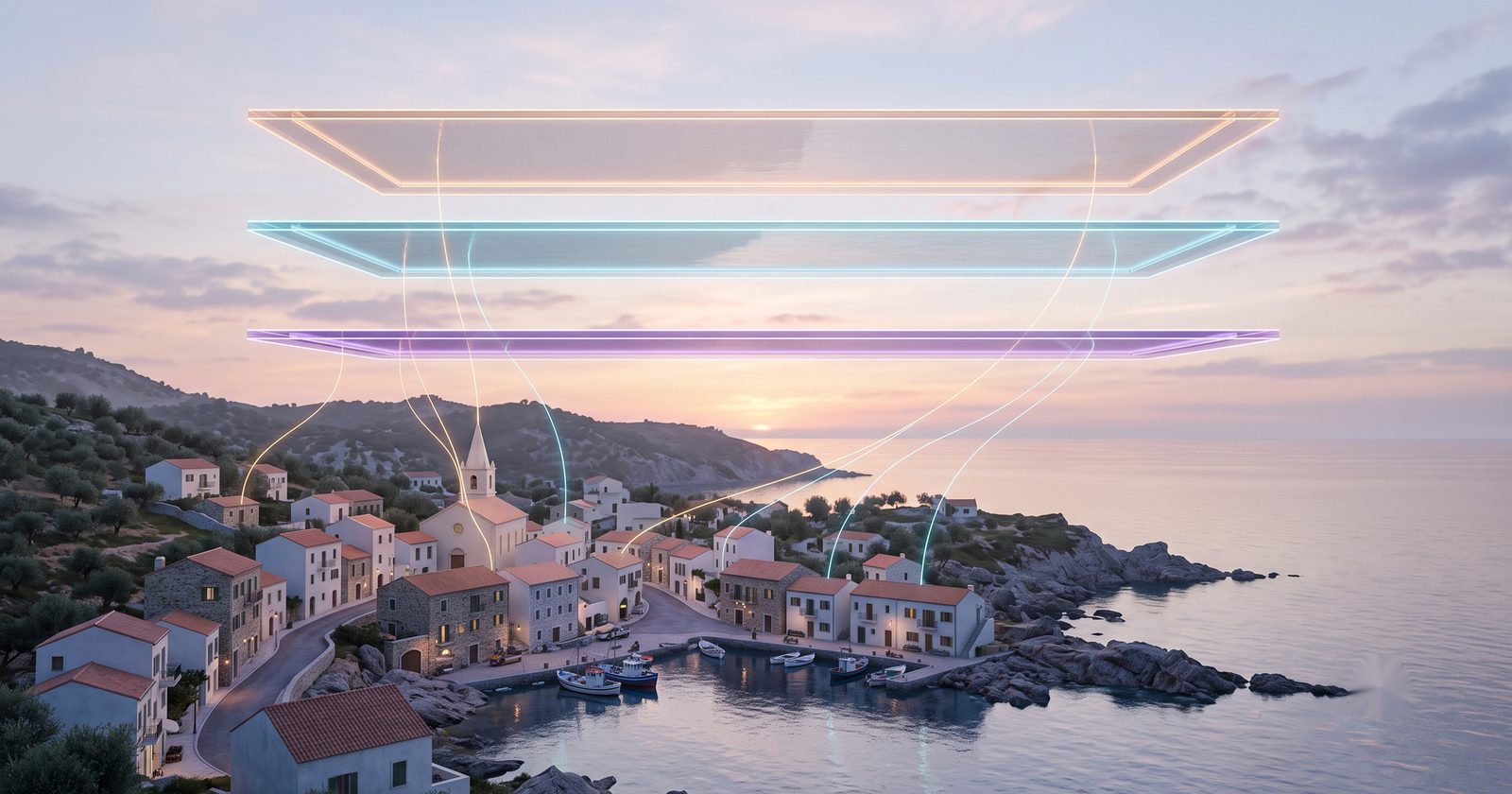 Tre strati di vetro traslucido che fluttuano sopra una cittadina costiera all'alba, collegati da fili di luce agli edifici. Immagine generata con IA.