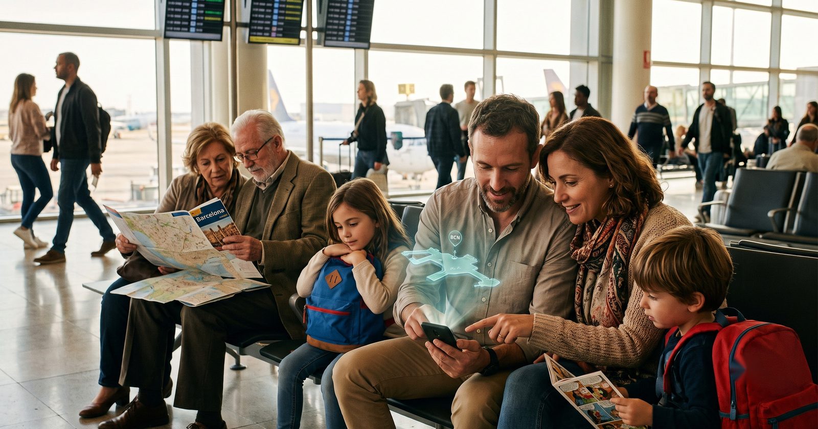 Family at a boarding gate checking a phone with a holographic map, with an older couple behind consulting a paper guidebook. Image generated with AI.