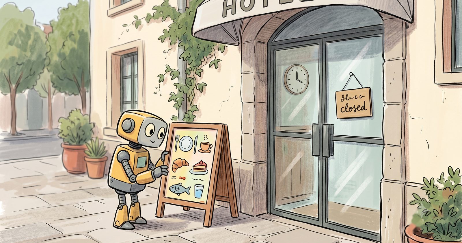 Pequeño robot leyendo un cartel con símbolos ante la puerta de un hotel con la puerta de cristal cerrada.
